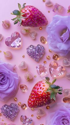 pink and purple roses, heart shaped jewels, and strawberries on a pink background