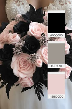 a bridal bouquet with black and pink flowers