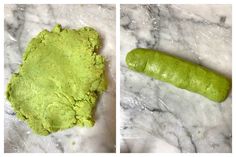 two pictures showing the same green substance and a cucumber