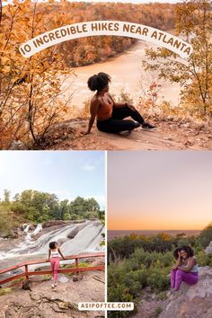 two women are sitting on the rocks in front of a waterfall and another woman is standing near