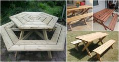 several different pictures of wooden picnic tables and benches