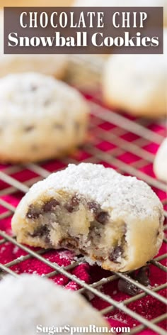 chocolate chip snowball cookies on a cooling rack with text overlay that reads, chocolate chip snowball cookies