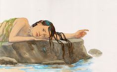 a painting of a woman laying on top of a rock next to water and rocks