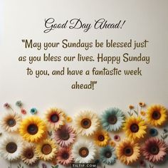 a greeting card with sunflowers and the words, good day friend may your sunday be released just as you bliss our lives happy sunday to you, and have a fantastic week ahead