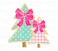 two christmas trees with pink bows and polka dotes on them, one has a large bow