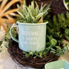 a blue mug with plants in it sitting on top of a table next to other items