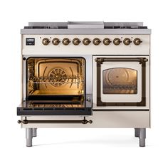 ILVE 40-Inch Nostalgie II Noblesse Dual Fuel Range with Triple Glass Door Oven in Antique White with Bronze Trim (UND40FNMPAWB) Introducing the new Nostalgie II 40″ dual fuel range, a classic addition with a touch of innovation to any kitchen. This range feature sealed burners equipped with total black brass burner that has a non-stick nanotechnological coating, heavy cast iron grates, 2.3 + 2 cu. ft. dual oven capacity and soft closing door system. Available at Home Outlet. Features: ILVE’s Nos Dual Oven, Induction Range, Dual Fuel Ranges, Iron Grate, Black And Brass, Propane, Antique White, Glass Door, Cast Iron