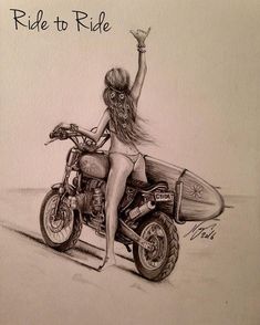 a drawing of a girl on a motorcycle with a surfboard