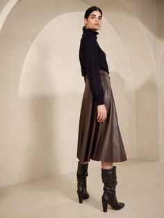 Vegan Leather Midi Skirt | Banana Republic Factory Brown Leather Flared Skirt, Fall Leather Flared Skirt, Leather Flared Skirt For Fall, Sleek Leather Midi Skirt, Workwear Leather Pleated Skirt, Leather Pleated Skirt For Work, Leather Pleated Workwear Skirt, Sleek Fall Skirt, Sleek Lined Skirt For Fall