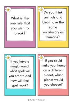 four cards with different words on them that say, do you think animals and birds have the