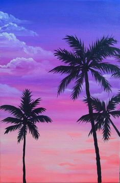 two palm trees are silhouetted against a purple and blue sky with clouds in the background