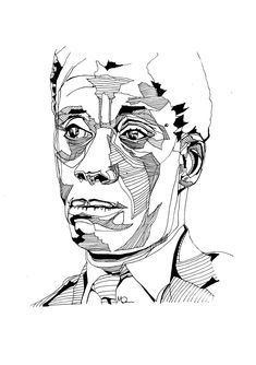 a black and white drawing of a man's face with lines on the side