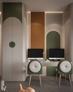 two computer monitors sitting on top of desks in front of a wall with arches