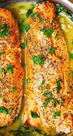 2 large Trout fillets with Garlic Lemon Butter Herb Sauce in a stainless steel skillet Butter Herb Sauce, Baked Trout, Butter Herb, Trout Recipe, Recipe With Garlic, Seafood Risotto, Fish Fillets