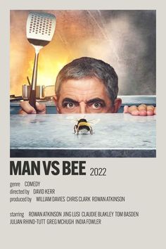 man vs bee 2012 movie poster with the face of a man peeking over a table