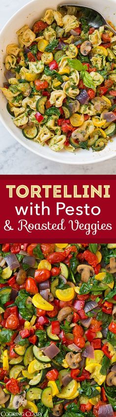 tortellini with pesto and roasted veggies in a casserole dish