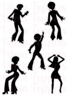 the silhouettes of people dancing in different poses, with one woman holding a microphone