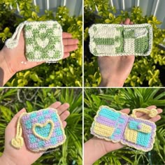 crocheted purses are being displayed in four different pictures, including one with a heart on it