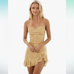 The Brand Is An Amazon Store Brand. It’s Brand New Not Worn. Gold And Size 4 Golden Hoco Dress, Gold Bow Dress, Gold Silk Dress Short, Golden Dress Short, Gold Dama Dresses, Gold Christmas Dress, Tight Short Dress, Golden Bday, Gold Silk Dress