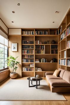 Japanese style home library idea Minimalist Library Design, Library Living Room Ideas Cozy, Japandi Home Library, Japanese Room Style, Mid Century Home Library, Study Room Bookshelves, Japandi Library Design, Library In Office, Library And Office Room