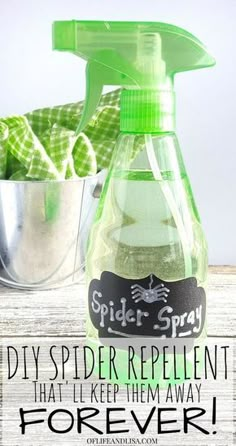 a spider spray bottle sitting on top of a wooden table next to a metal bucket