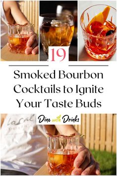 Collage of 4 smoked bourbon cocktails. Smoked Liquor Drinks, Smokey Bourbon Cocktail, Smoked Maple Bourbon Cocktail, Smoked Bourbon Drinks, Smoked Drinks Recipe, Smoked Manhattan Cocktail, Smoked Cocktails Drink Recipes, Smoked Bourbon Cocktail, Cocktail Smoker Recipes