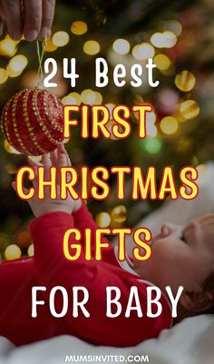 a baby laying in bed with the words, 24 best first christmas gifts for baby