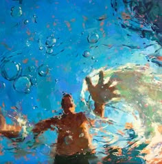 a painting of a man in the water with his arms out to catch a frisbee