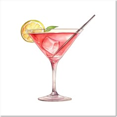 a watercolor painting of a pink cocktail