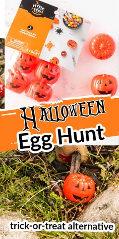 halloween egg hunt with pumpkins and jack - o'- lanterns on the ground