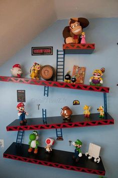 some shelves with mario and other toys on them