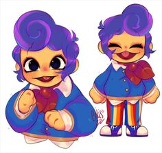 two cartoon characters with purple hair and blue clothes, one is pointing at the camera