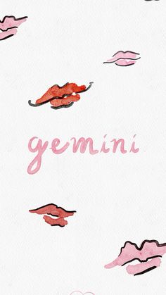 the word gemini written in pink ink on a white background with mountains and clouds