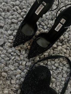 Sparkly Prom Heels, Grad Accessories, Steve Madden Outfit, Black Rhinestone Heels, Black Mules Heels, Silver Sparkly Shoes, Heels With Rhinestones