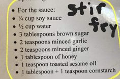 a close up of a sign with instructions on how to make stir fry sauces