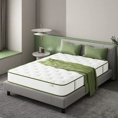 a green and white bed in a room