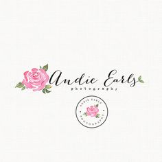 the logo for an artisan photography studio with pink roses and leaves on white paper