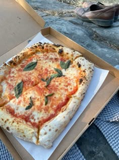 a pizza sitting in a box on the ground