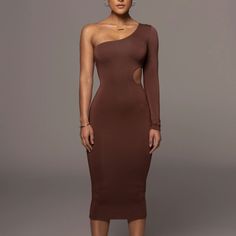 New Without Tags Materials: 95% Rayon 5% Spandex Length: (Full) 46 In. (Sleeve) 23.5 In. Model Is Wearing Size S Stretch Elastane Dresses For Brunch, Knee-length Bodycon Maxi Dress For Brunch, Brown Stretch Midi Dress For Party, Stretch Brown Midi Dress For Date Night, Brown Midi Length Bodycon Dress For Evening, Bodycon Midi Dress For Brunch, Brown Fitted Midi Dress, Brown Bodycon Dress For Spring Evenings, Fitted Brown Midi Dress