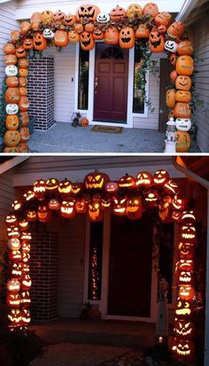 halloween decorations and pumpkins decorate the front door of a house in this collage