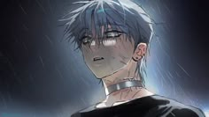 a man with blue hair and piercings standing in the rain, staring at something