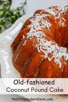 an old fashioned coconut pound cake on a white plate