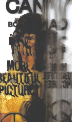 an abstract painting with the words can be seen in black, white and yellow colors