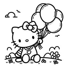 hello kitty with balloons and flowers coloring pages for kids to print on t shirts, clothes or other items