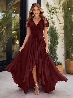 Marley Soft Ruched Short Sleeves High Low Chiffon Dresses High Low Chiffon Dress, Satin Hoco Dress, Stretch Satin Dress, Floor Length Chiffon Bridesmaid Dresses, Chiffon Dresses, Chiffon Bridesmaid Dresses, Dusty Rose Dress, Burgundy Bridesmaid Dresses, Corset Back