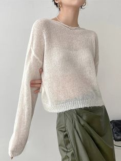 Mohair Knit Loose Sweater: Gentle, Solid Color, Long Sleeves Knitted Loose Sweater, Spring Knitwear, Pull Mohair, Winter Typ, Sheer Sweater, Mohair Knit, Sweater Tops, Summer Sweaters, Mohair Wool