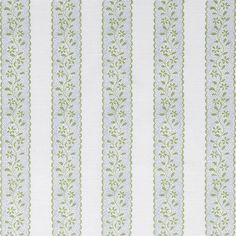 a white and green striped wallpaper with small leaves on the border, in an ornate pattern