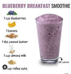 the blueberry breakfast smoothie is in a tall glass with ingredients labeled on it