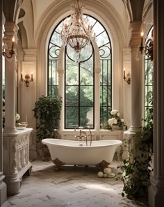 an ornate bathroom with a claw foot bathtub and chandelier in the corner