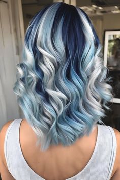 Harry Potter Hair Color, Frost Blue Hair, Fantasy Hair Colors, White Blue Hair Color, Short Hair With Blue Highlights, Periwinkle Hair Highlights, Gray And Blue Hair, Gray And Blue Hair Ombre, Green And Silver Hair